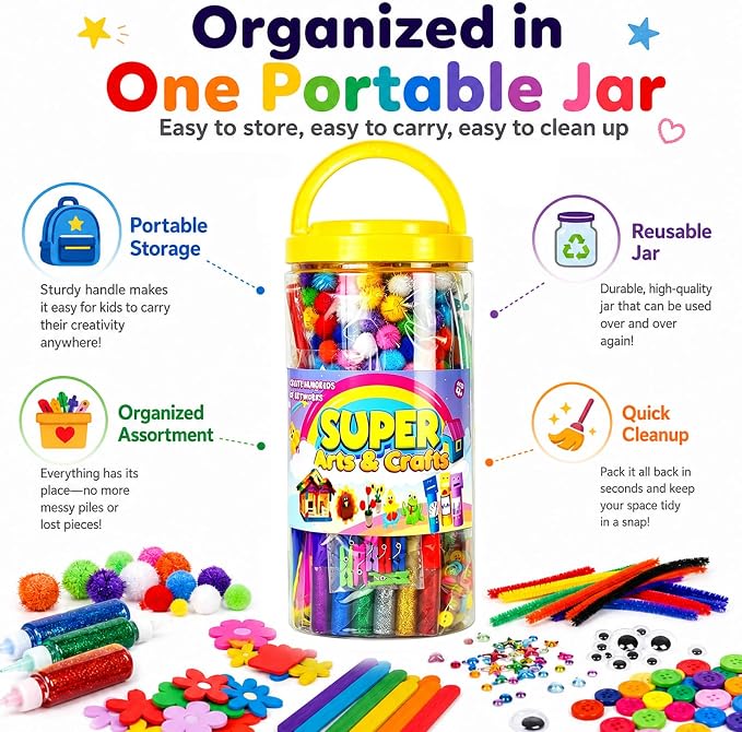 FUNZBO Arts and Crafts Supplies for Kids - Kindergarten School Craft Kit | with Glitter Glue Stick, Glue, Pipe Cleaners Craft and Kids' Scissor, Birthday Gifts for Toddler Girls Boys Age 4+