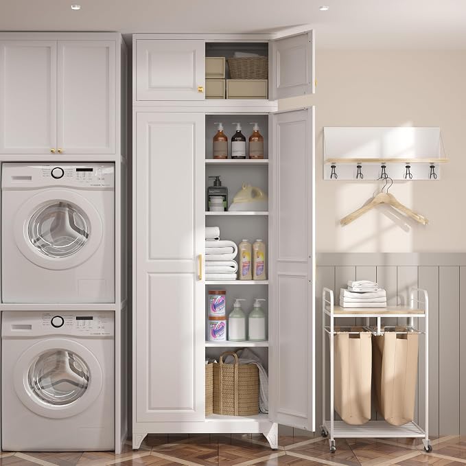 SteeLoong 90”Metal Pantry Storage Cabinet with Doors & 4 Adjustable Shelves | Kitchen Pantry Cabinet,White Kitchen Cabinet with 4 Gold Handles,Tall Cabinet for Livingroom,Pantry, Bathroom,Kitchen,Garage