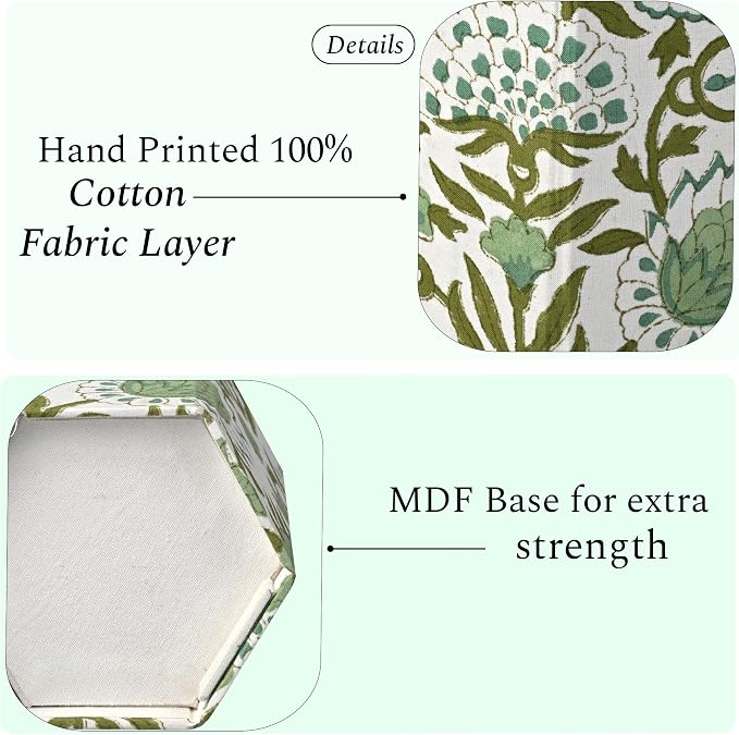 CPC Emerald Green Block Print Cotton Pen Holder Set of 2 | Boho Makeup Brush Holder Floral Pencil Cup Girls Kids Durable Stand Desk Organizer Storage Floral Office Supplies, Classroom