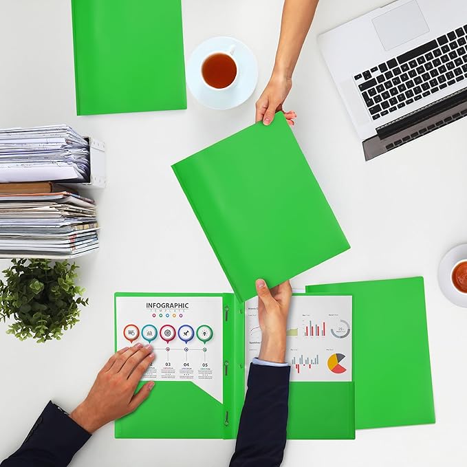 Mr. Pen- Plastic Folders with Pockets and Prongs, 5 Pack, Green, Pocket Folders, Folders with Prongs, File Folders with Fasteners, 2 Pocket Folder