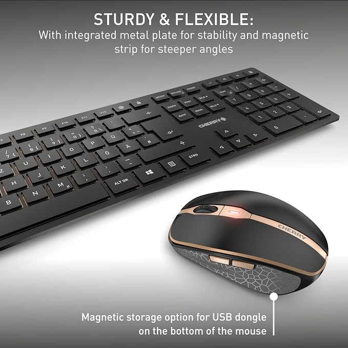 CHERRY DW 9100 Slim Wireless Keyboard and Mouse Office Combo, Rechargeable | Bluetooth & 2.4 GHz RF Connection, Quiet Keys, Comfortable Writing, Rechargeable, QWERTY, Black/Bronze