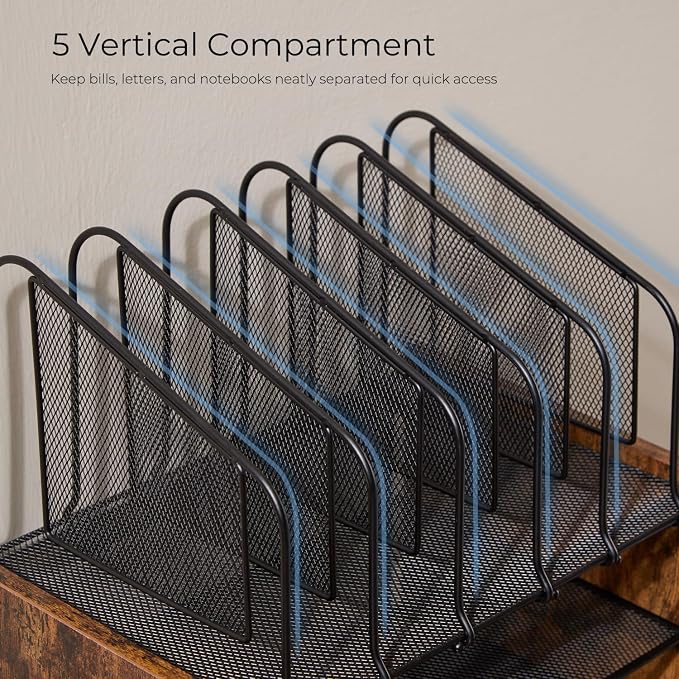 Y YOMA Wooden Desk Organizer, 4-Tier Mesh Desk Organizer with Drawer, Paper Tray & 5 Vertical File Holders, 2 Pen Holders, Desktop Organizer and Accessories for Home Office Dorm