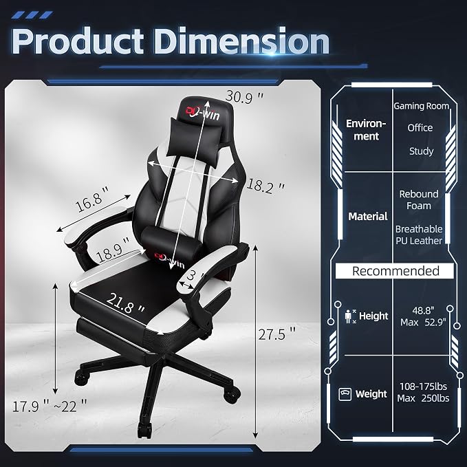 Video Gaming Chair for Adults, Computer Chair with Footrest and Ergonomic High Back, Big and Tall Gamer Chair with Massage Lumbar Support, 360° Swivel Height Adjustable Computer Chair, White