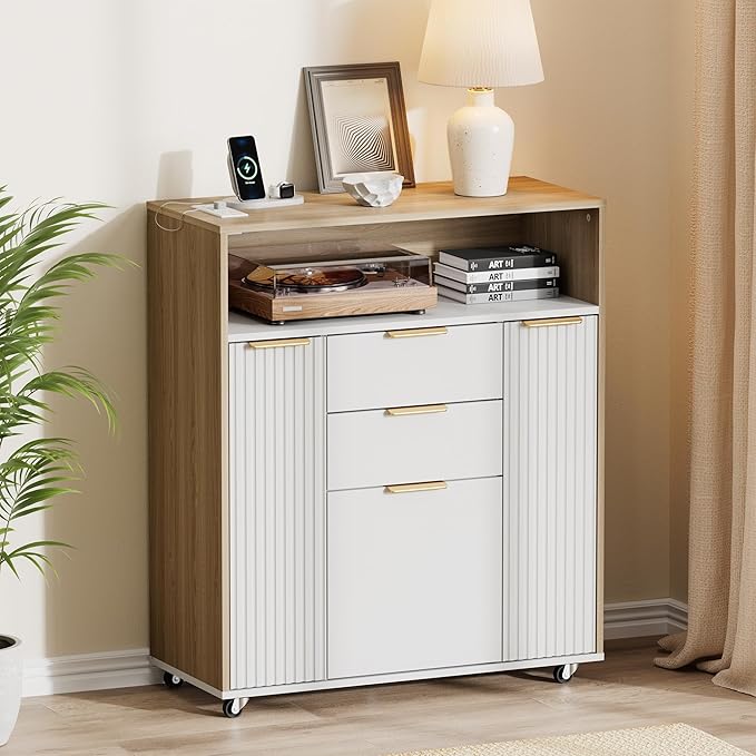 Fluted Mobile File Cabinet with Charging Station | 37" Rolling Storage Cabinet with 3 Drawers, Printer Stand with Wheels for Home Office, Light Walnut