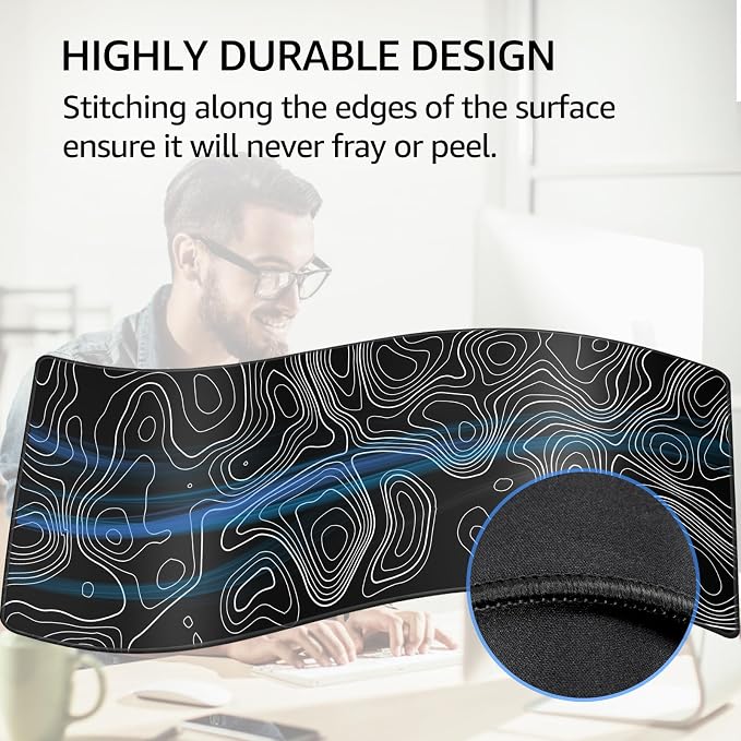 KTRIO Large Gaming Mouse Pad, Desk Mat, 31.5 x 11.8 in, Black Topographic, XL