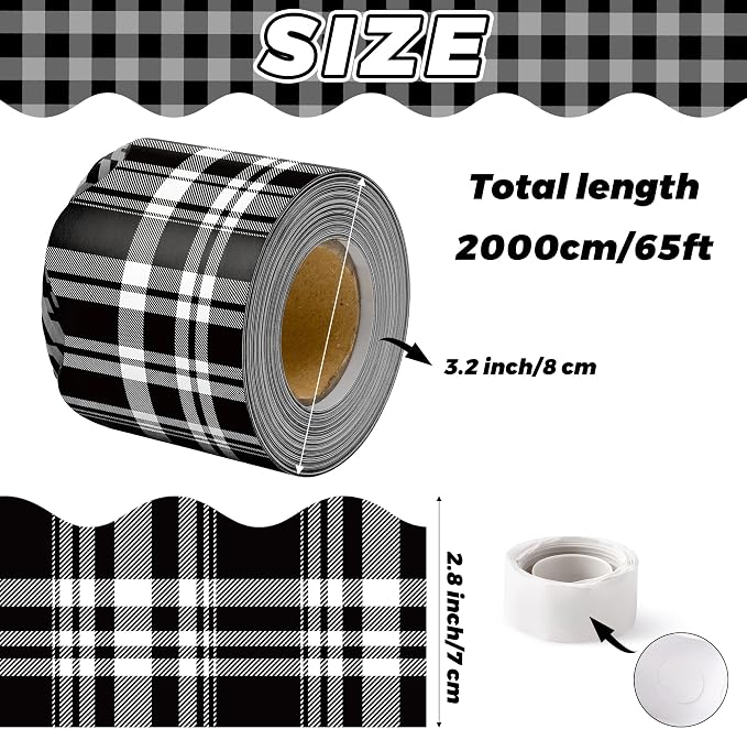 BeYumi Black Plaid Border Trim - 65ft Back to School Classic Black and White Plaid Scalloped Rolled Border Trim Checkered Bulletin Board Set School Classroom Office Chalkboard Wall Holiday Party Decor