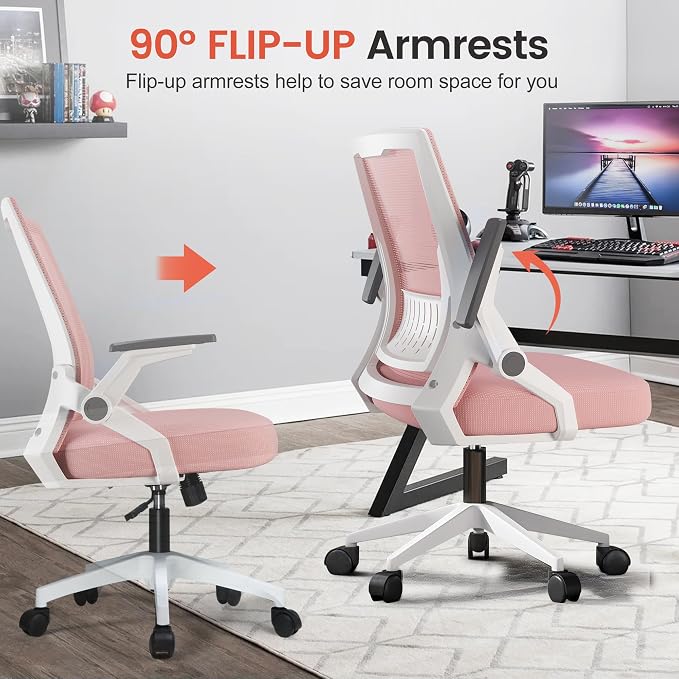 GTPLAYER Ergonomic Office Chair with Flip-up Armrests Executive Computer Chair for Home Office, Breathable Mesh & Comfy Lumbar Support, Pink