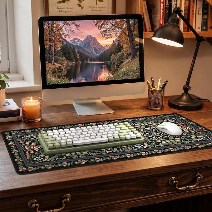 iCasso Aesthetic Floral Desk Mat,Retro Mouse Pads,31.5x11.8in, Black | Anti-Slip Mousepad with Stitched Edges, Waterproof Computer Pad, Desk Accessories Office Decor for Women