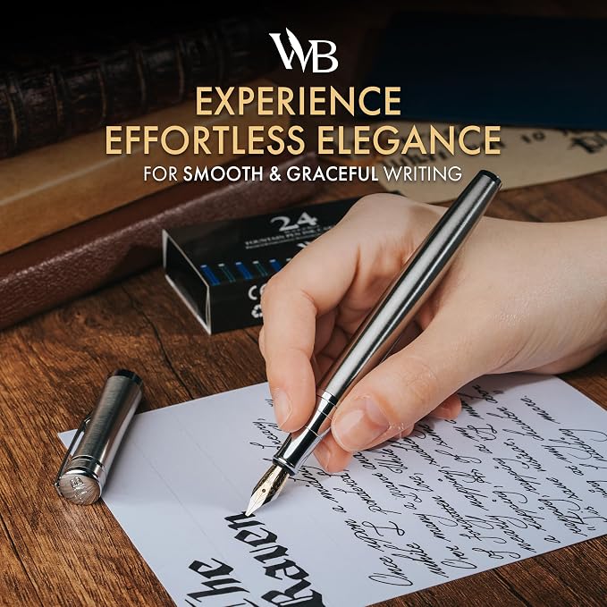 Wordsworth & Black Luxury Fountain Pen Set for Writing, Broad Nib, Silver | Gift for Men & Women, Brass Body, German Iridium, Calligraphy, Converter + 24 Ink Cartridges, Refillable, Leak-Free
