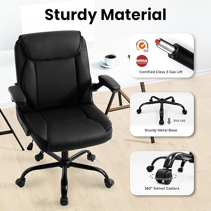 NEO Chair Office Desk Computer Chair Ergonomic Executive Mid-Back Leather Gaming Chair with Adjustable Flip-Up Armrests Wheels Swivel for Home Study Task (All Black)