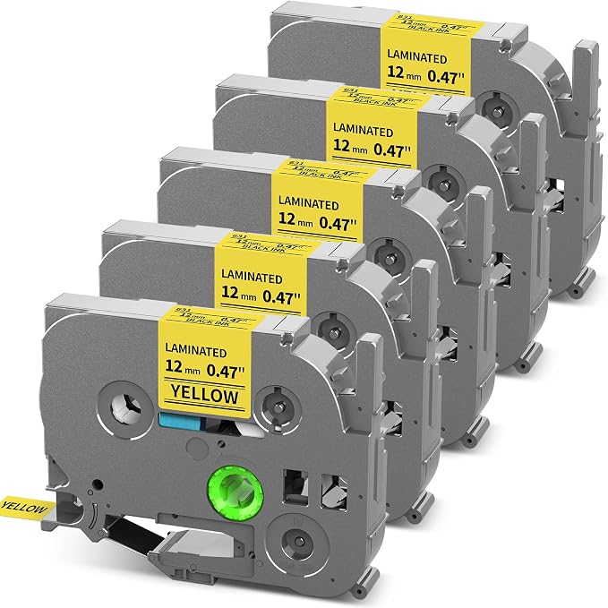 TZe TZ Tape 12mm 0.47 Laminated Yellow TZe-631 Replace for Brother TZE631 | Black on Yellow Label Maker Tape 1/2" P-touch Tape for Brother Ptouch PT-D220 D210 H110 D200 D400 1280 D610BT Refills, 5-Pack