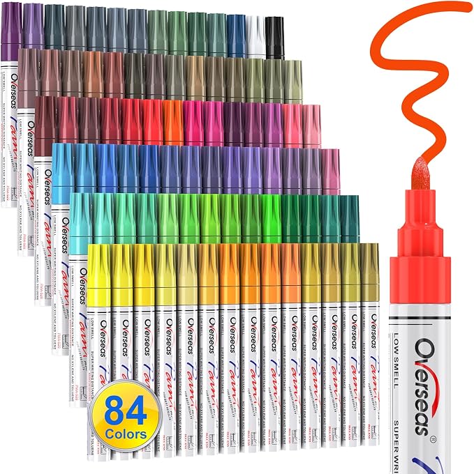Overseas 84 Colors Paint Pens, Oil Based Permanent Paint Markers Medium Tip | Waterproof, Quick Dry, Fade Resistant, Assorted Colors Marker Pen for Metal, Rock, Wood, Rubber, Plastic, Glass, Canvas