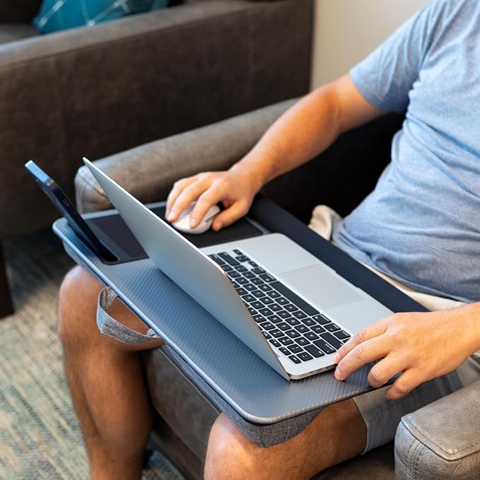 LAPGEAR Home Office Pro Lap Desk – Silver Carbon, Fits 15.6” Laptops | Built-In Mouse Pad & Phone Slot, Wide Cushioned Wrist Rest, Dual-Bolster Microbead Cushion, Carry Handle