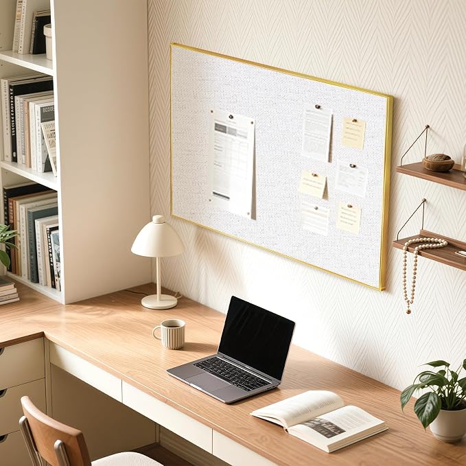 Linen Bulletin Board, 30"x20" Decorative Fabric Pin Board Vision Board | Gold Aluminum Frame, Upgraded White Canvas Surface, Wall Mounted, for Home Office Bedroom Dorm Wall Decor