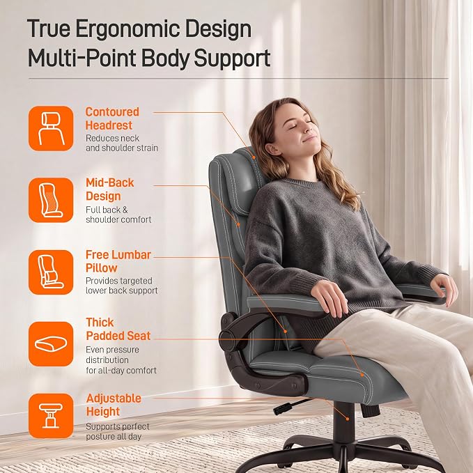 Office Chair, Executive Mid-Back Computer Desk Chair with Flip-up Armrests | 300 Lbs Ergonomic Leather Swivel PC Chair with Rock Function for Working Studying (Gray)