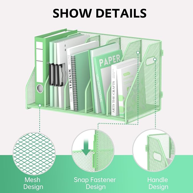Binder Organizer, Magazine File Holder with 5 Vertical Compartments Rack, Metal Desk File Organizer & Binder Holders, Magazine Organizers for Office Desktop, Home, School (Green)