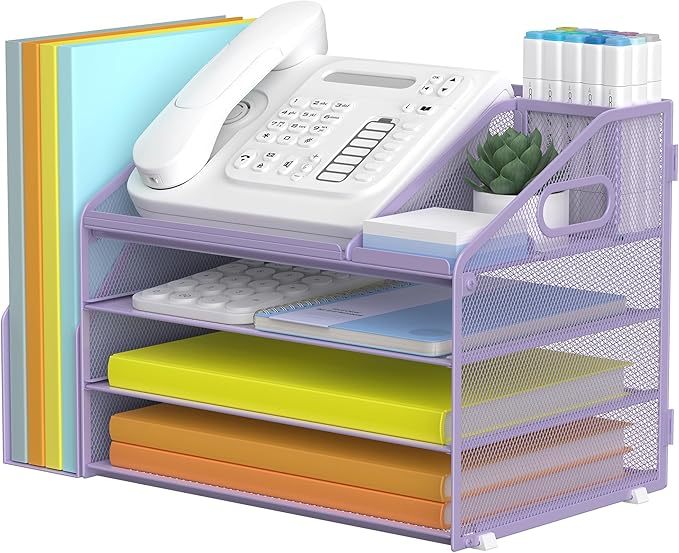 DocNest 4 Tier Paper Letter Tray File Organizer, Mesh Desk File with Handle, Workspace Desk Organizers with Pen Holder, Office Organization Storage Accessories - Purple