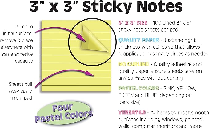 Better Office Products Lined Sticky Notes 3 x 3, 3 Pack, 300 Sheets (100/Pad), Self Stick Notes with Lines, Assorted Pastel Colors, Post Memos, Strong Adhesive, 3 Pads