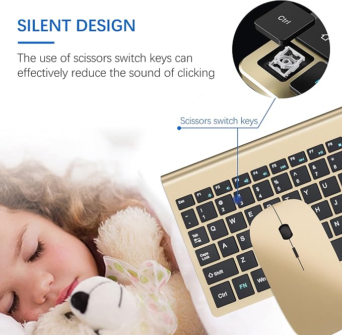 Wireless Keyboard and Mouse Ultra Slim Combo, TopMate - Gold Black | 2.4G Silent Compact 2400DPI Mouse and Scissor Switch Keyboard Set with Cover, Batteries Included, for PC/Laptop/Windows/Mac