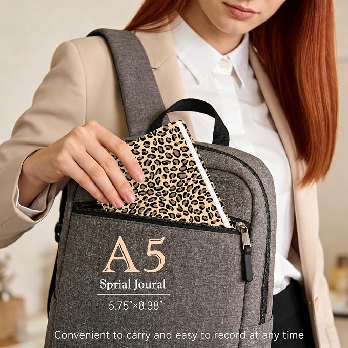 Lined Spiral Journal Notebook for Work A5, 160 Pages, Brown Leopard Print | College Ruled Spiral Journal for Women, Hardcover with Elegant Design for Note-Taking, 5.5 * 8.25 inch