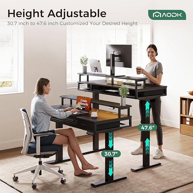 AODK 63 Inch Electric Standing Desk with Drawers & Keyboard Tray, Black | Power Outlet, LED Lights, Monitor Stand, Cable Management Tray, 3 Memory Heights, 29.9"-46.1" in Range