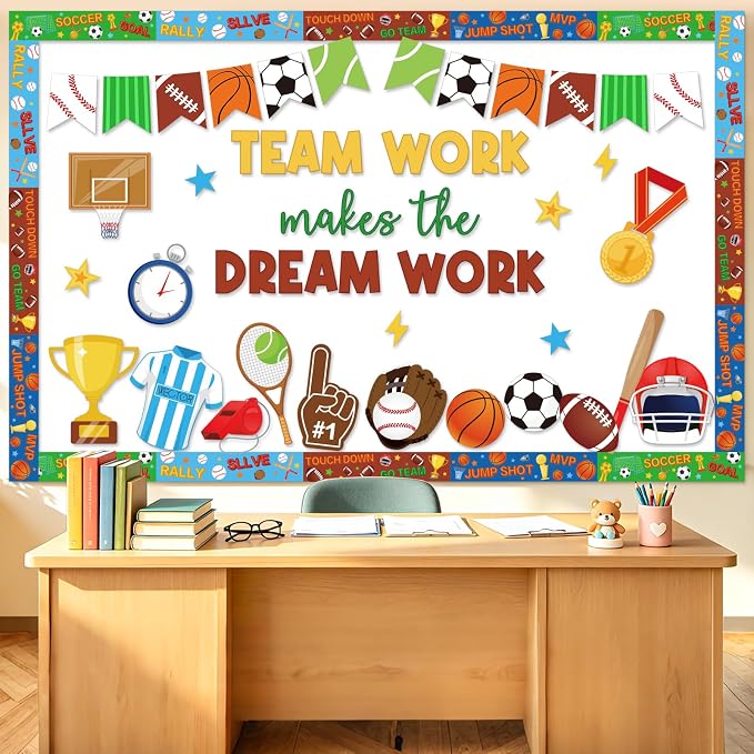 53Pcs Sports Motivational Bulletin Board Decorations Set, Inspirational Football Teamwork Cutouts Back to School PE Bulletin Board for Teacher Supplies Office Classroom Door Wall Decor
