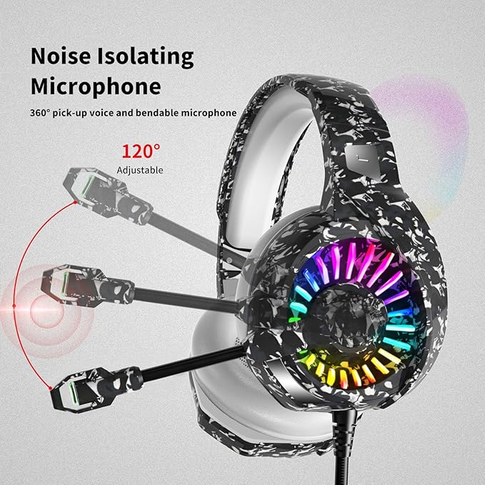 ZIUMIER Camo Gaming Headset for PS4, PS5, Xbox One, PC, Laptop, Mac, Switch, 3.5MM Wired Gaming Headphones with Microphone, Bass Surround, LED Light, Camouflage