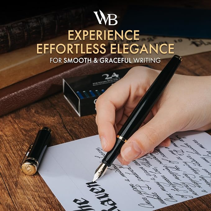 Wordsworth & Black Luxury Fountain Pen Set for Writing, Broad Nib, Black | Gift for Men & Women, Brass Body, 18K German Iridium, Calligraphy, Converter + 24 Ink Cartridges, Refillable, Leak-Free