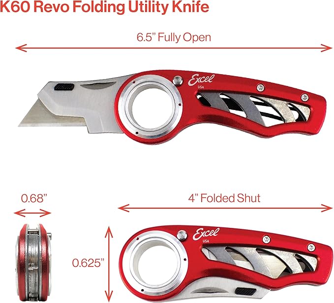 Excel Blades Revo Folding Utility Knife – Heavy-Duty Box Cutter with Aluminum Body, Quick-Change #92 Blades, 3 Lock Positions Design, Anti-Slip Finger Loop Grip, Holster Included – Red