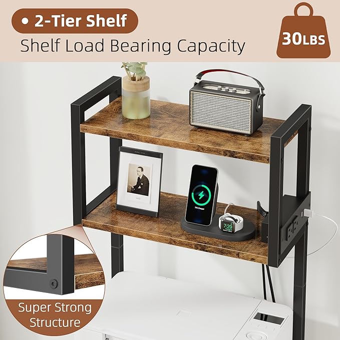 3 Drawer File Cabinet with Charging Station, 45''H, 3-Tier Small Filing Cabinet for Home Office, 11''*16'' for Small Printer, Fabric Drawer Fits Letter/A4, Tall Printer Stand, Rustic Brown
