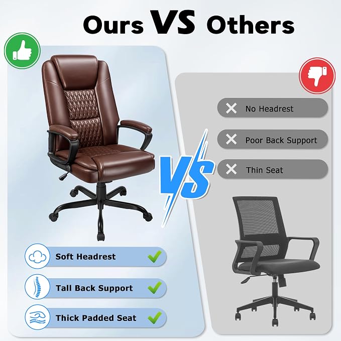 Office Chair, High Back Ergonomic Home Office Desk Chairs with Lumbar Support, Adjustable Big and Tall Computer Chair, 360° Swivel, PU Leather, Brown