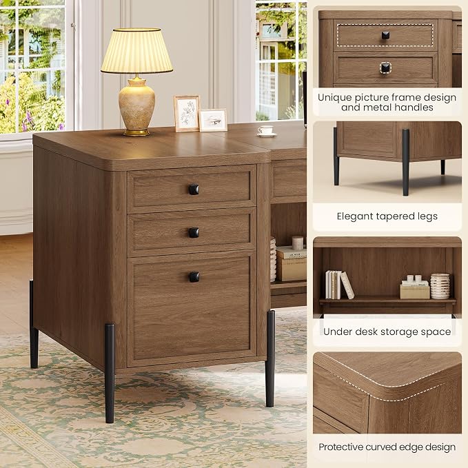 63" W x 27.6" D Executive Desk with 2 Cabinets & 6 Drawers, Farmhouse Home Office Desks with Keyboard Tray, Large Boss Desk with Privacy Panel, Modern Table with Open Shelf and File Drawer