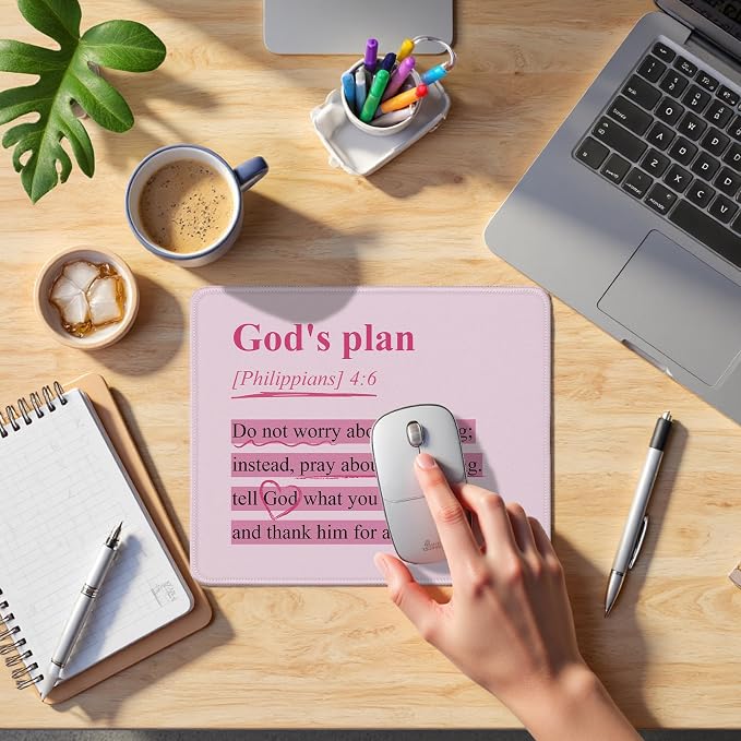 Pink Christian Mouse Pad, Philippians 4:6 God's Plan Bible Verse Mouse Pads Mousepad for Desk Home Office Dorm Computers Laptop, Religious Office Supplies Desk Accessories, 9.5x7.9 Inch