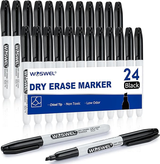 Dry Erase Markers,24 Pack Black Chisel Tip Whiteboard Markers, Chisel Point Low Odor Dry Erase Marker for School Office and Home