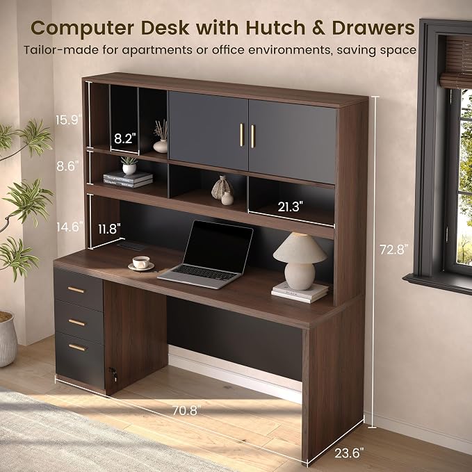 71'' Executive Standing Desk with Hutch, Power Outlet | Computer Desk with Hutch, Adjustable Dual-Workstation with Storage, Privacy Panel, Whole Piece Desktop, Black Walnut