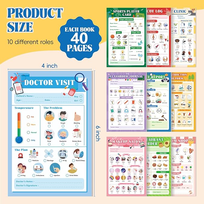 10 Pack Kids Pretend Play Notepads, 40 Pages Kids Playtime Pads, 4'' x 6'' All Roles Imaginative Role Play Activity Set, Educational Toys for Toddlers