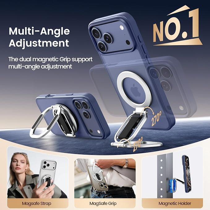 Foldable Double Sided Magnetic Phone Grip Kickstand for Magsafe | Phone Ring Holder with Finger Loop Strap , Compatible with MagSafe iPhone 12-17 Series and MagSafe Cases, Desk Stand, Silver