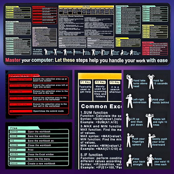 Excel Cheat Sheet Desk Pad Mat (11.8x31.5in) - XL Excel Formulas Shotcuts Mouse Pad Cheat Sheet Excel Function Modules & Waterproof | 3mm Non-Slip Pc Keyboard Cover | Office/Gaming Large XL Mouse Pad