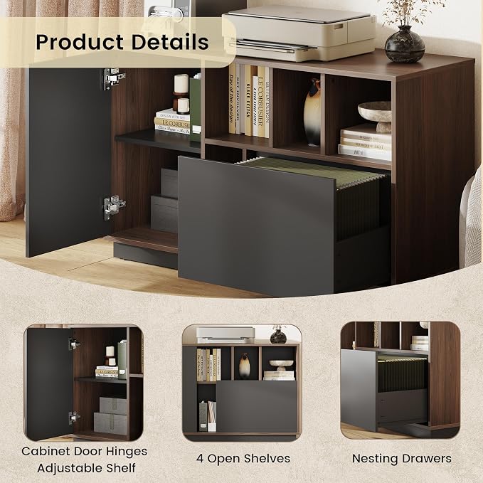 39" File Cabinet with Drawer, Office Storage Cabinet with Door | Home Office Printer Stand with Storage & Adjustable Shelves for Living Room, Entryway, Black Walnut