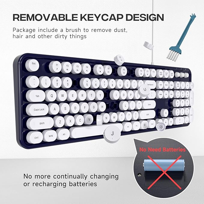 Computer Keyboard Wired, Plug and Play USB Retro Round Typewriter Keyboard, Full Size Wired Keyboard with Foldable Stands for Laptop and Office PC