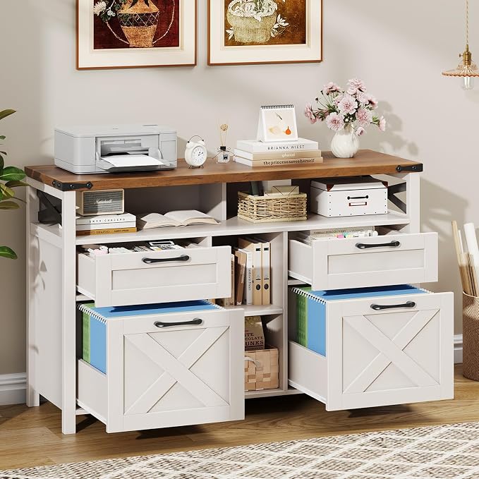Halitaa File Cabinet with Open Storage Shelf for Home Office, Off White | Farmhouse, Lateral Filing Organization Storage Cabinets, 4 Drawers, Adjustable Shelf, Hanging Files Letter/A4