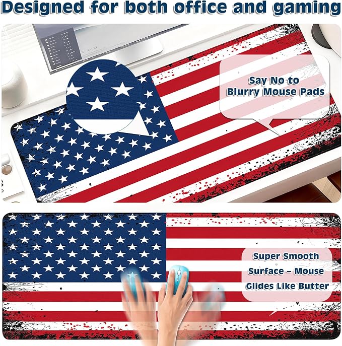 Gaming Desk Mat with Silky Smooth Surface & Exquisite Patterns,31.5x11.8 Inches Large-Sized Mouse Pad, Perfect for Extended Gaming,Work,and Home Office Decor (American Flag 3)