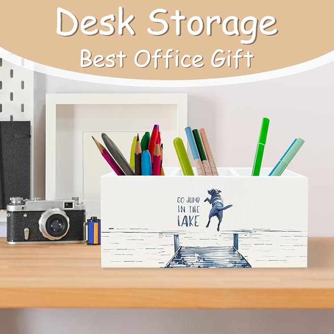 Go Jump in the Lake Pen Pencil Holder Organizer for Desk, Gifts for Lake Lovers, Funny Lakeside Dog Wooden Box Block Sign for Home Office Tabletop Decor, Dog Lovers Gifts