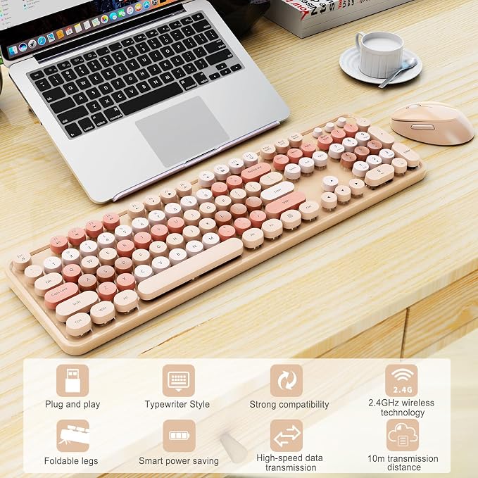 Wireless Keyboard and Mouse, Full-Size Typewriter Keyboard with Retro Round Keycaps, Ergonomic Design, Compatible with Windows PCs, Ideal for Home and Office. (Milk Tea)