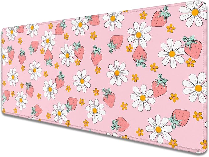 Strawberry Mouse Pad Desk Mat,Pink Large Large Gaming Mouse Mat with Stitched Edges,Non-Slip Waterproof Rubber Base Mouse Mat for Office Computer Keyboard Laptop Home(27.5X11.8 in)