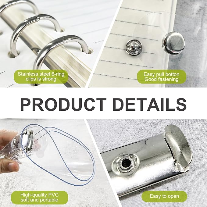 Mziart Clear A5 Binder 6 Ring, Refillable Notebook Planner Cover, 3 Pack | Soft Transparent PVC, for Budget, Photocard, Office Journal, Travel Diary, Recipe Book, School, Meeting, Snap Button Closure