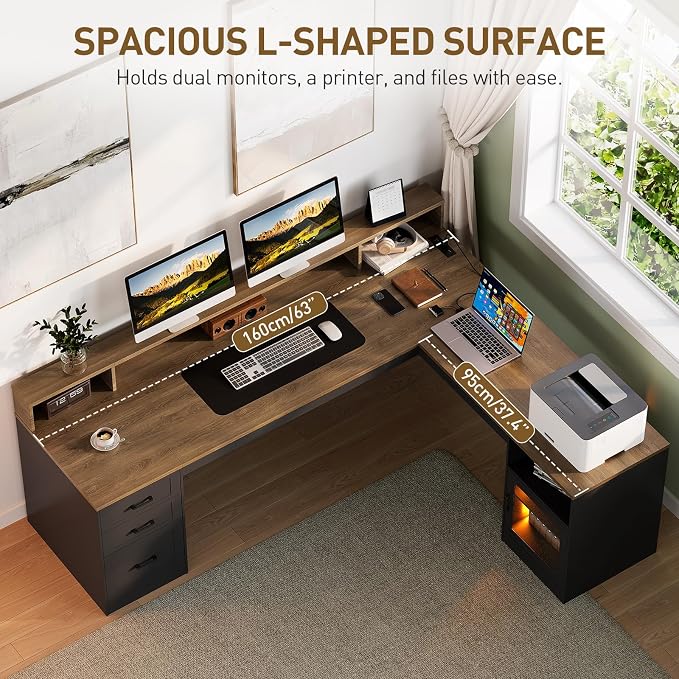 63" L Shaped Desk with Drawers, Corner Desk with File Cabinet | LED L Shaped Office Desk with Storage, Wooden L Shaped Executive Desk with Power Outlet & Monitor Stand, Black and Walnut