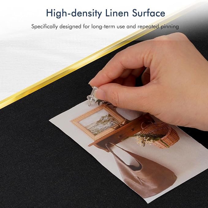 DOLLAR BOSS Bulletin Board with Linen, 36'' x 24'', Golden Frame, Black | Bulletin Board with Linen Fabric 36'' x 24'', Golden Aluminum Frame, Cork Boards for Walls, Decorative Pin Board for Office