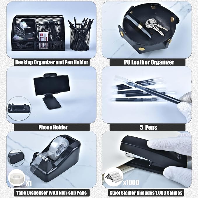 Black Desk Accessories, 24Pcs Office Supplies and Desk Organizers, with Tape Dispenser, Stapler, Staple Remover, Ect, Gift Box Packaging