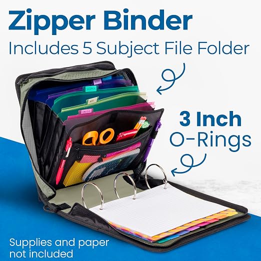 Case-it School Zipper Binder | 3" O-Rings | 600-Sheet | D-146 Fun Flowers | Mighty Zip Tab, 5-Subject Expanding File Folder, Multiple Pockets, Storage Organizer, Shoulder Strap, Office